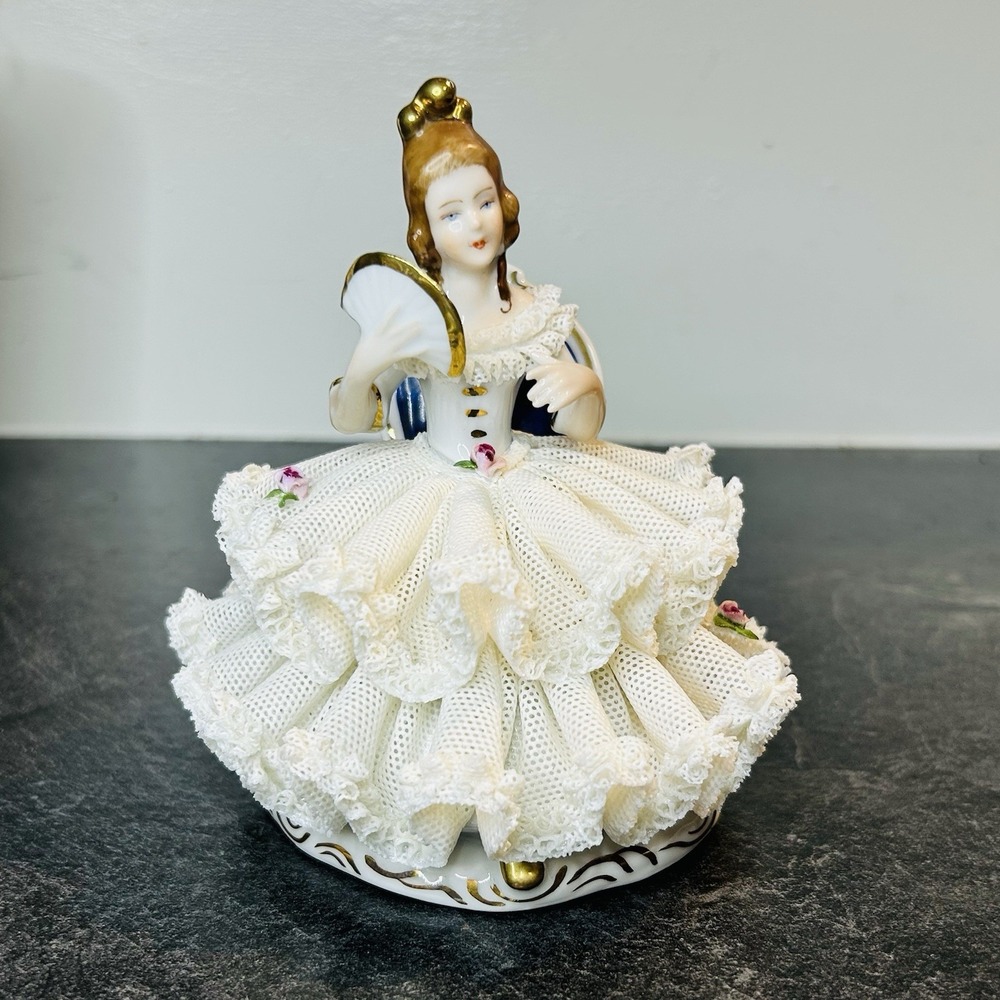 Vtg Dresden Porcelain Lace Figurine Lady Sitting On Chair With Fan Germany 5"
